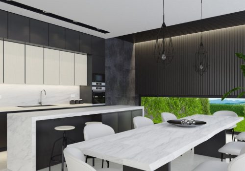 black white and dark gray modern kitchen