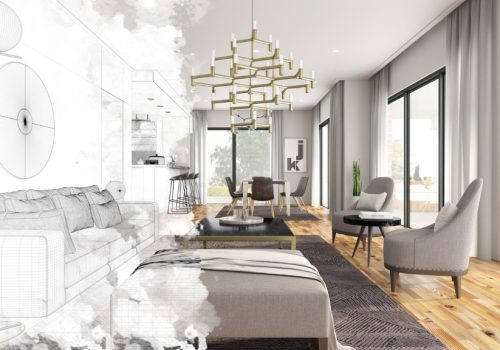 half drawing sketch modern living room interior