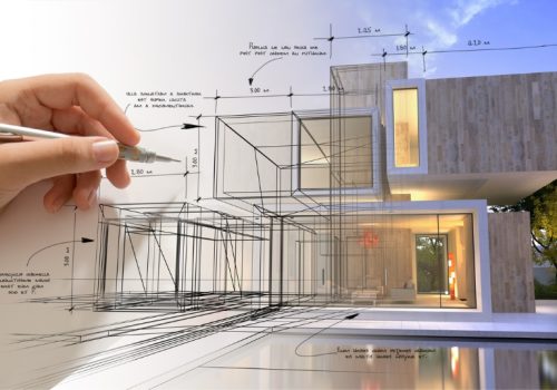 hand sketching a designer villa with pool