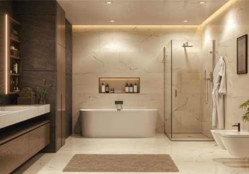 luxurious modern bathroom interior with marble finish and soft lighting