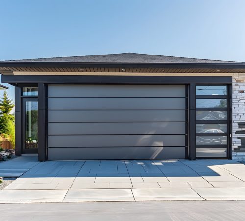 A modern building with a spacious garage door and driveway, surrounded by green grass and under a clear blue sky