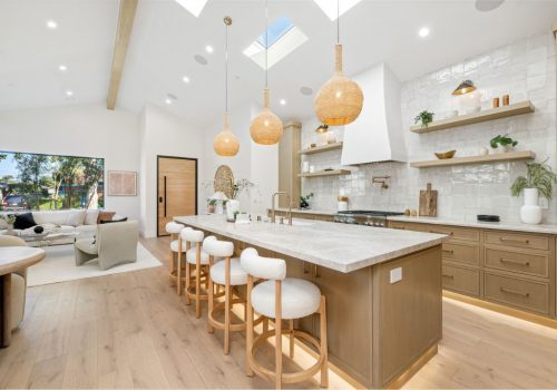 modern kitchen interior with wooden cabinets and island