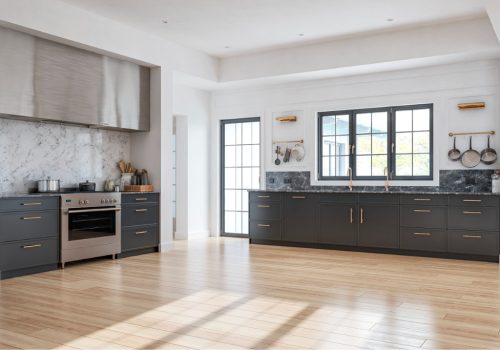 side view of retro anthracite stainless steel and marble kitchen with old fashioned windows